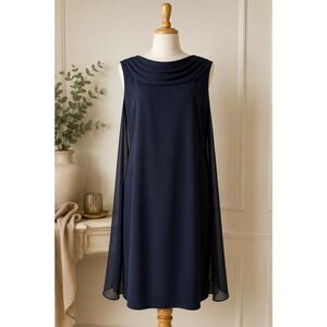 Jacques Vert Navy Chiffon Cape Dress Wedding Guest Mother of the Bride size 18